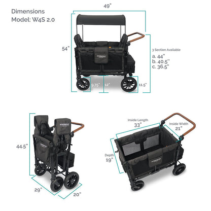 WonderFold W4 Luxe Multifunctional Quad (4 Seater) Stroller Wagon - Volcanic Black - W4S2BLK