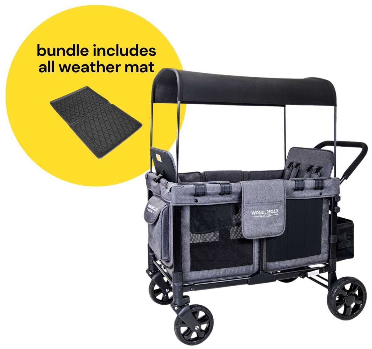WonderFold W4 Original Quad (4 Seater) Stroller Wagon + All Weather Mat Bundle - Gray - W4-GRAY-W4m