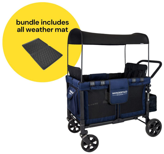 WonderFold W4 Original Quad (4 Seater) Stroller Wagon + All Weather Mat Bundle - Navy - W4-NAVY-W4m