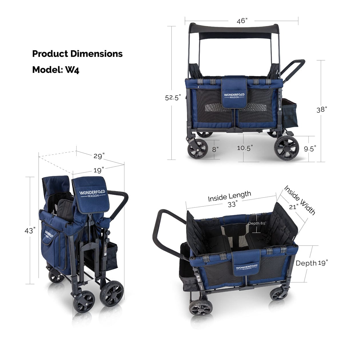 WonderFold W4 Original Quad (4 Seater) Stroller Wagon - Navy - W4-NAVY