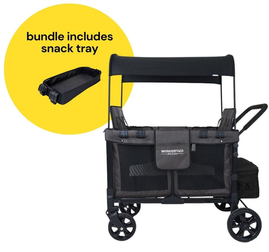 WonderFold W4 Original Quad (4 Seater) Stroller Wagon + Snack Tray Bundle - Black - W4-BLACK-St04