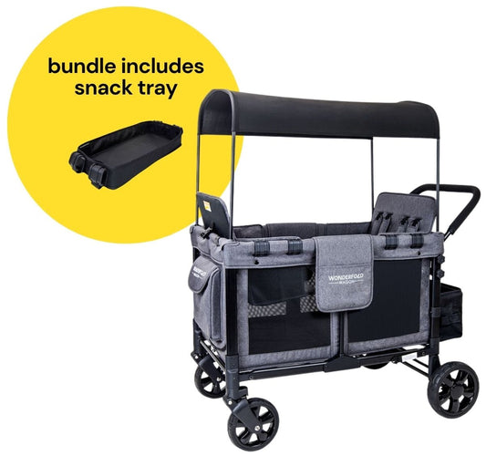 WonderFold W4 Original Quad (4 Seater) Stroller Wagon + Snack Tray Bundle - Gray - W4-GRAY-St04