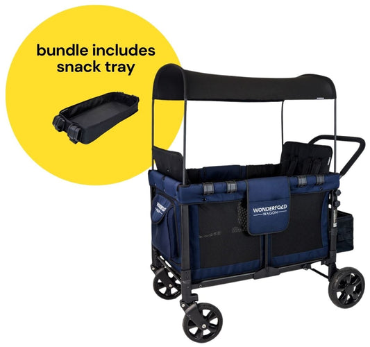 WonderFold W4 Original Quad (4 Seater) Stroller Wagon + Snack Tray Bundle - Navy - W4-NAVY-St04