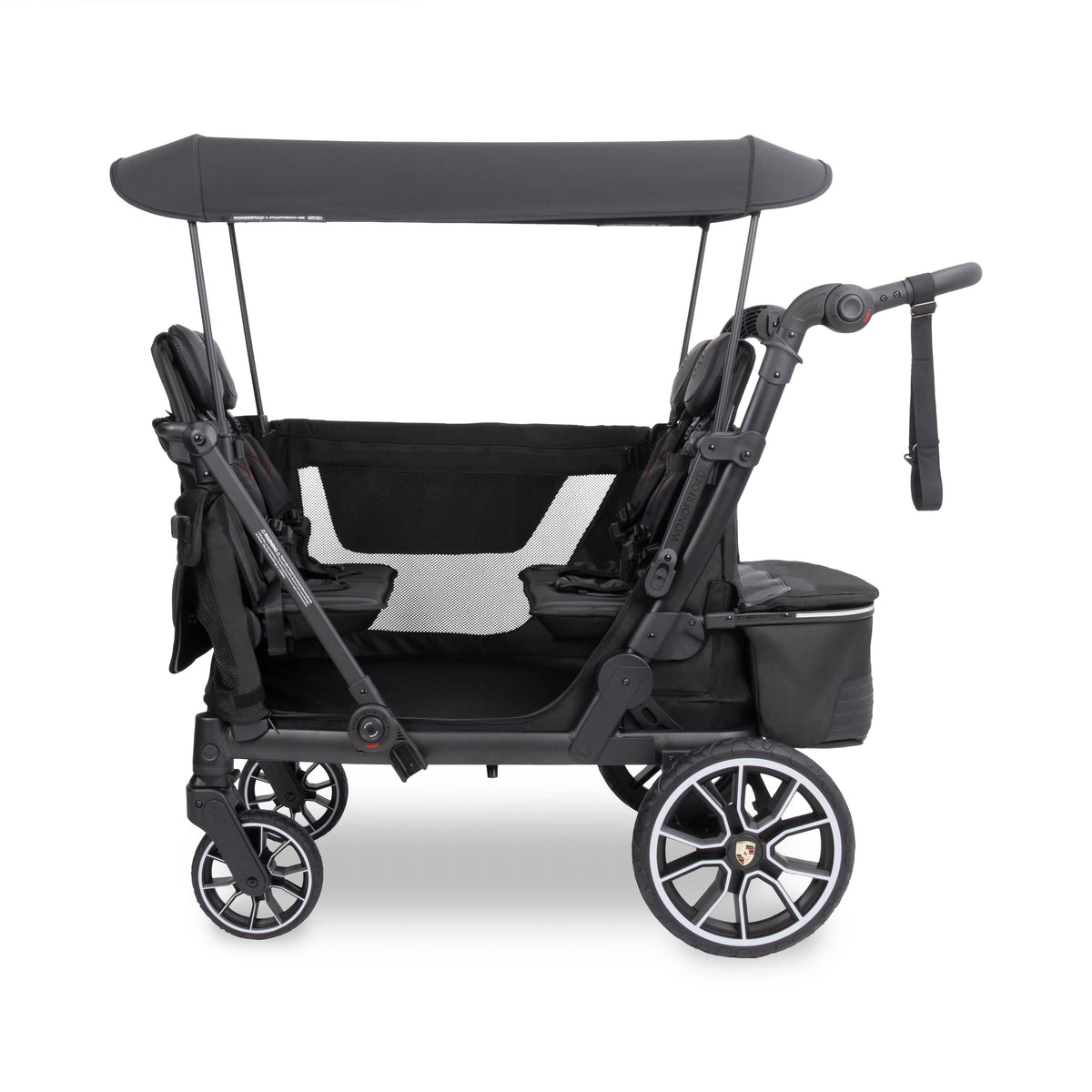 WonderFold x Porsche black stroller wagon with canopy and storage basket