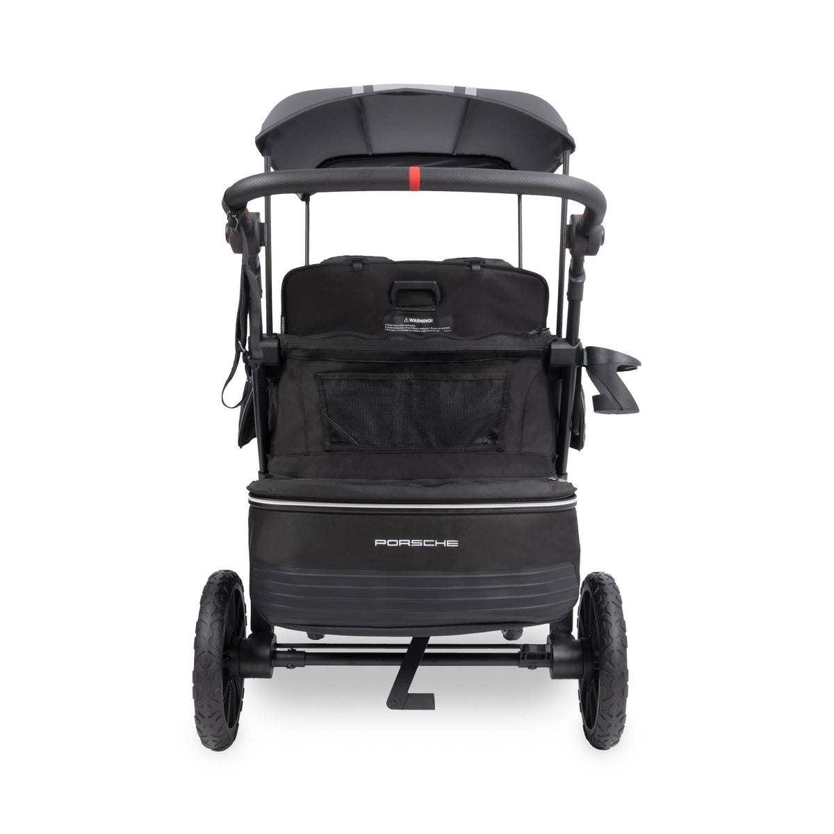 WonderFold Porsche stroller wagon rear view with black canopy and storage basket