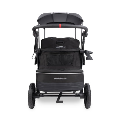 WonderFold Porsche stroller wagon rear view with black canopy and storage basket