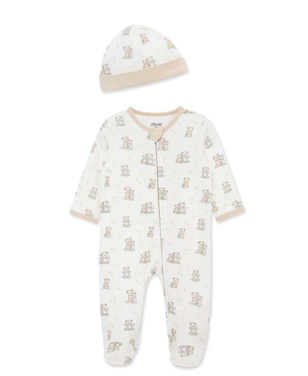 Little Me Fuzzy Bears 2-Way-Zip Footed One-Piece and Hat - White Print, 3M