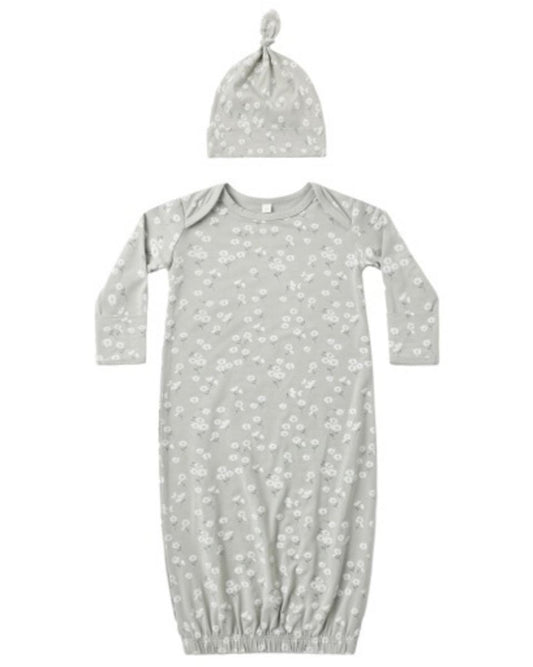 Quincy Mae Bamboo Baby Gown + Hat Set Green Daisy - Sage