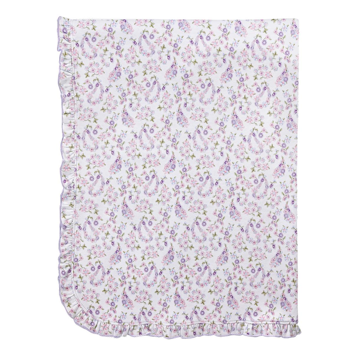 Baby Club Chic white baby blanket with purple and pink floral print and ruffled trim