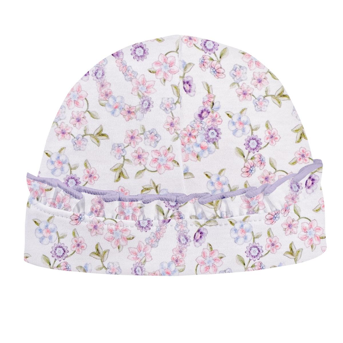 Baby Club Chic white baby hat with purple and pink floral print and ruffled trim