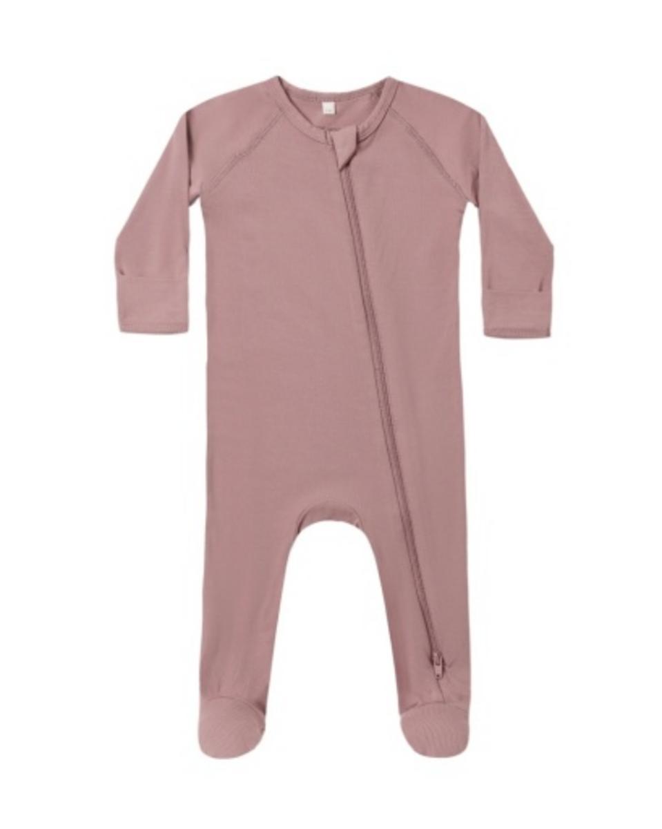 Dusty rose long sleeve baby footie sleeper with diagonal zipper closure