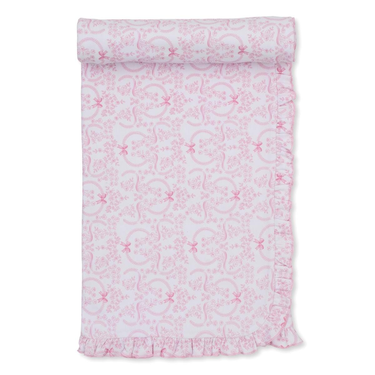 White baby blanket with pink floral and ribbon print and ruffled edge