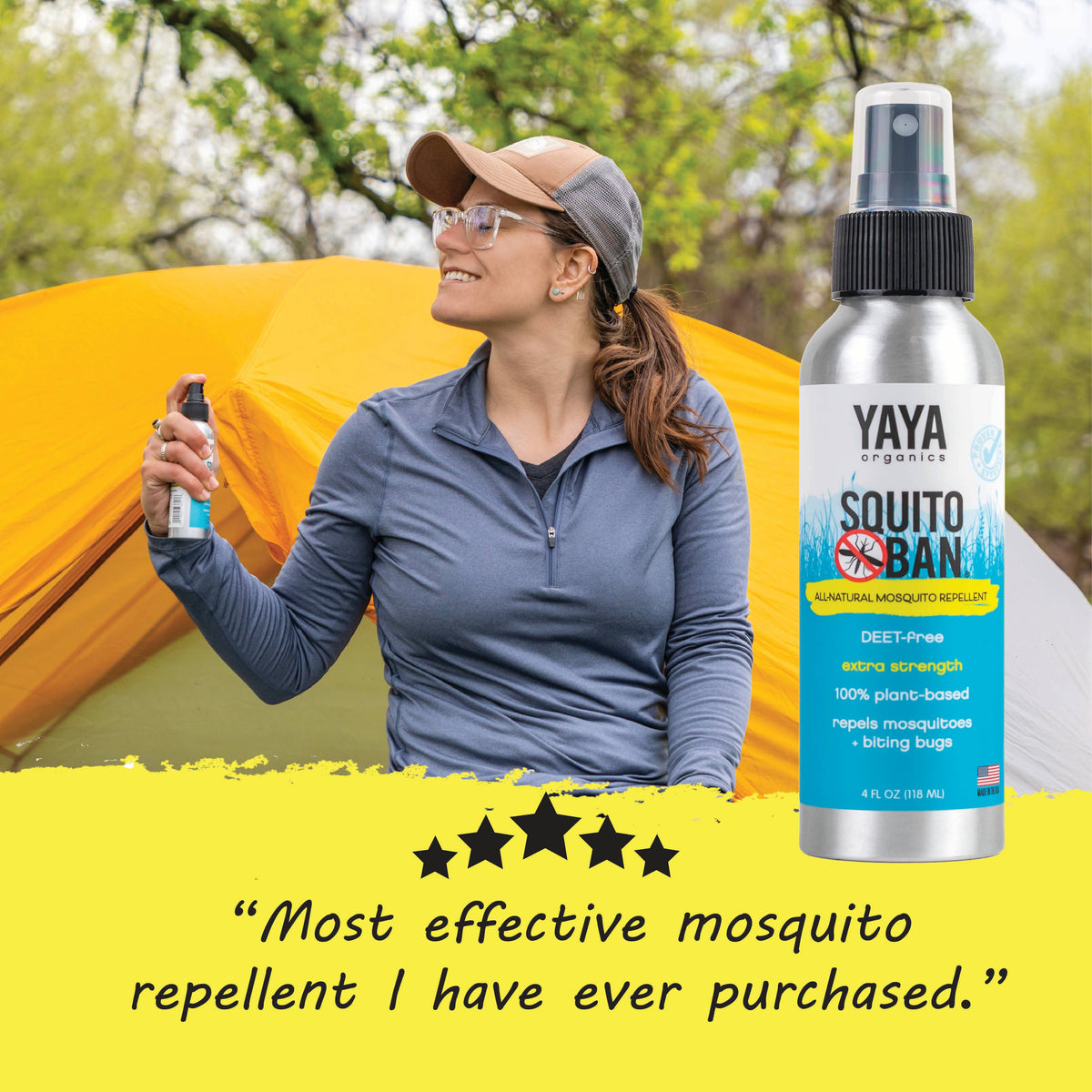 Woman using YAYA Organics Squito Ban mosquito repellent spray in front of a yellow tent