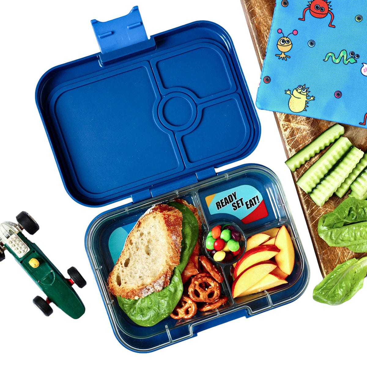 Yumbox Leakproof Bento Lunchbox, Panino - Monte Carlo Blue / Race Cars - MBII202303C