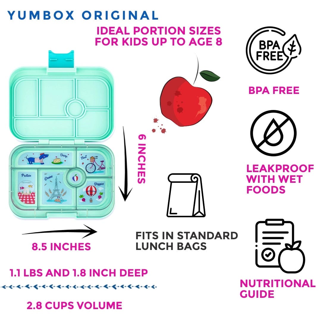 Yumbox Original Leakproof Bento Lunchbox, 6 Compartment - Serene Aqua / Paris Tray - SAI202303P