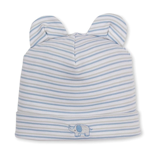 Baby beanie with blue and grey stripes and elephant embroidery